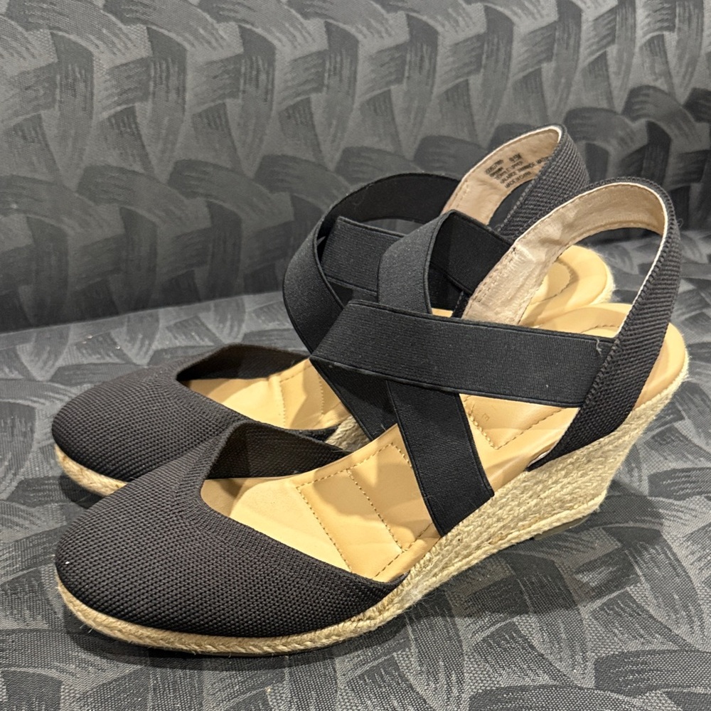 Women’s Black Espadrille Wedge Sandals with Cross Straps